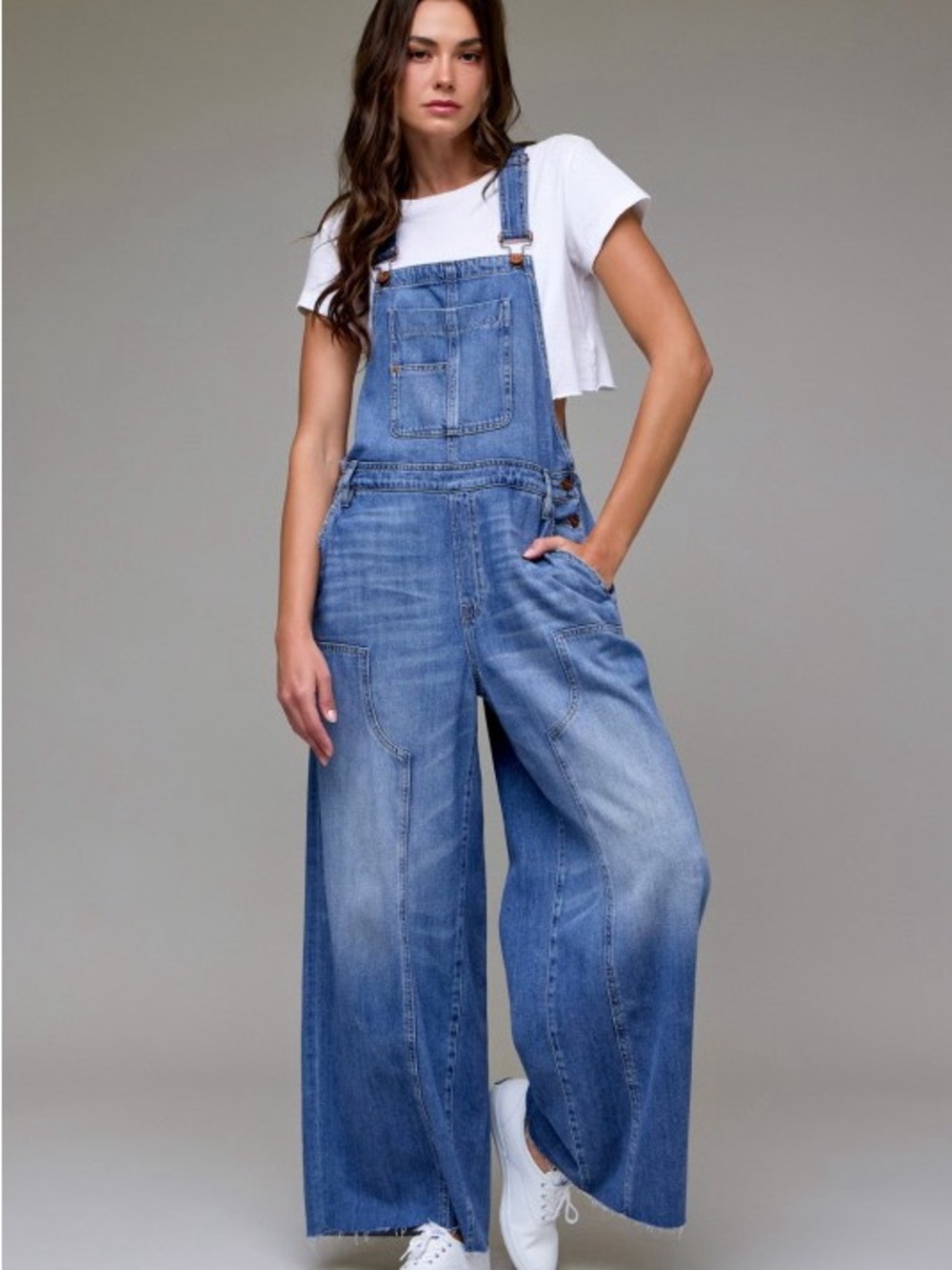Wide-Leg Denim Overalls Jumpsuit - Blue